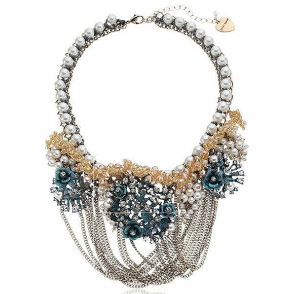 Betsey Johnson Rare Flower Patina Multi Chain Frontal Necklace with Faux Pearls